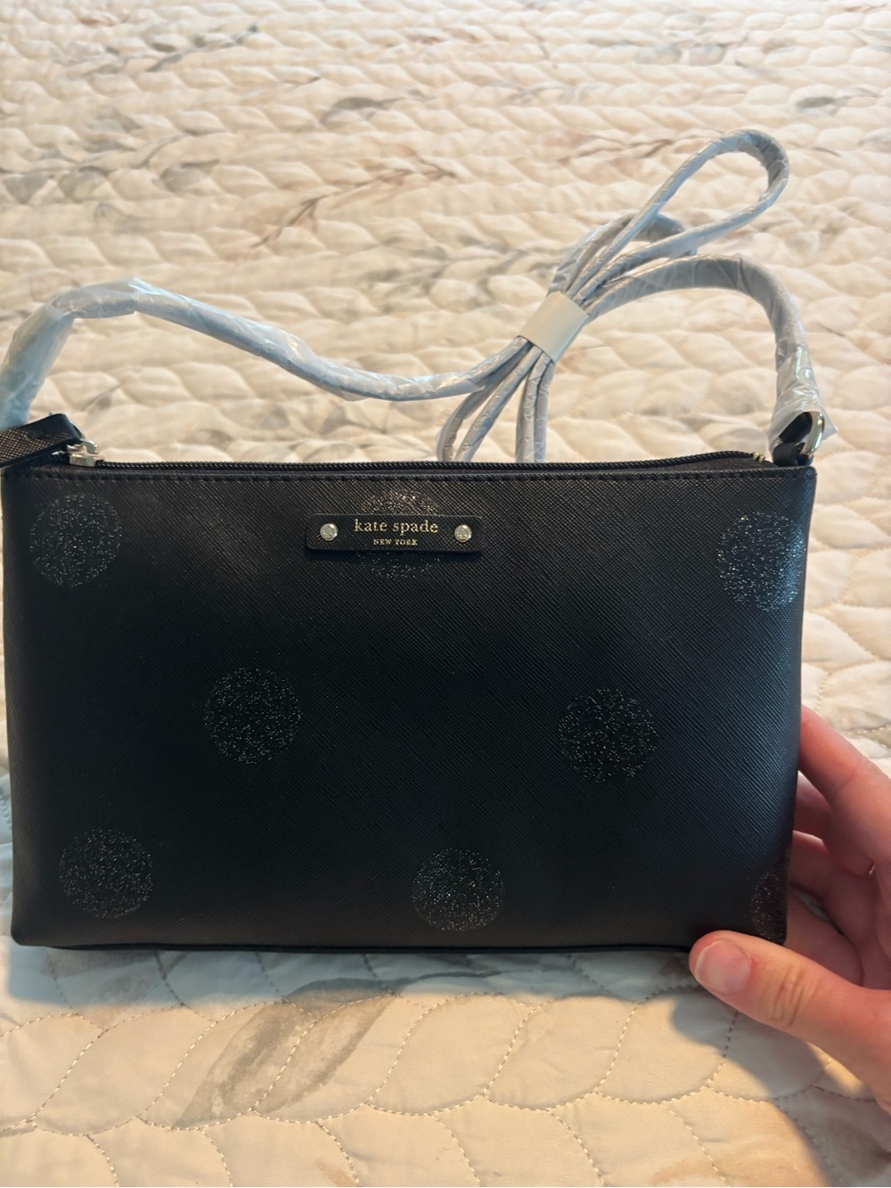 NWT kate spade black glitter polka dot crossbody